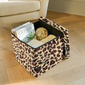 Go-Poufs Knock-Down Medium Cube Faux Fur Storage Ottoman |  Leopard | 15"x15"x15